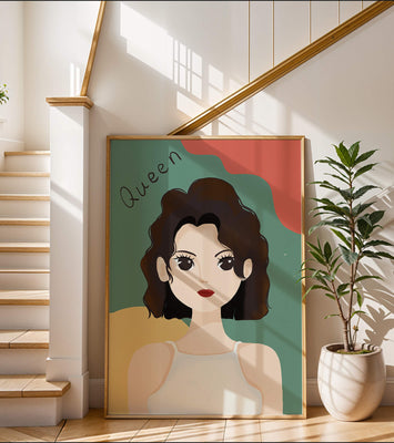 Stylized illustration of a confident woman with abstract background