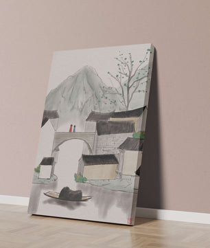 Serene mountain village ink painting with bridge and boat