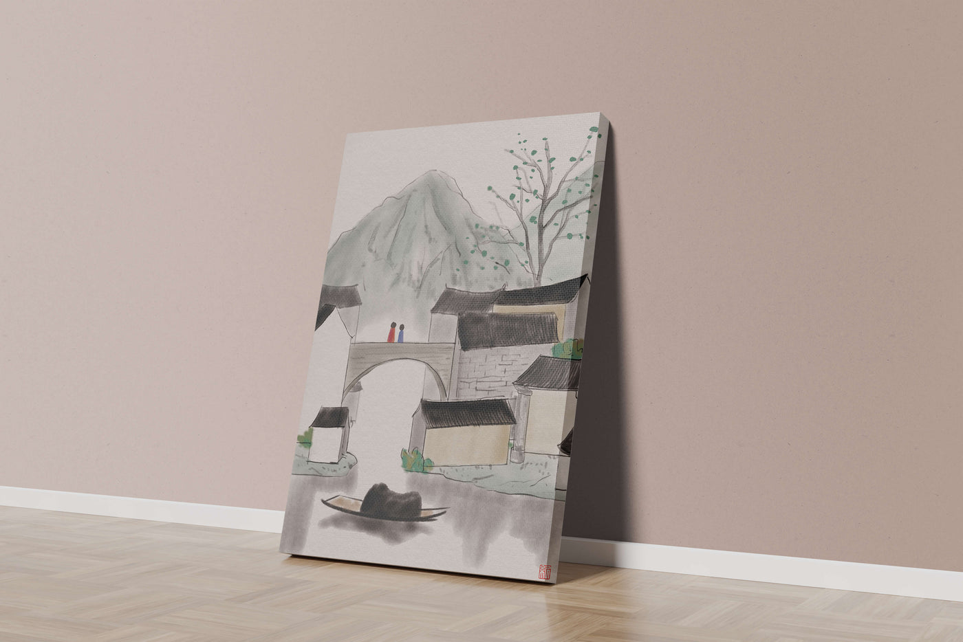 Serene mountain village ink painting with bridge and boat