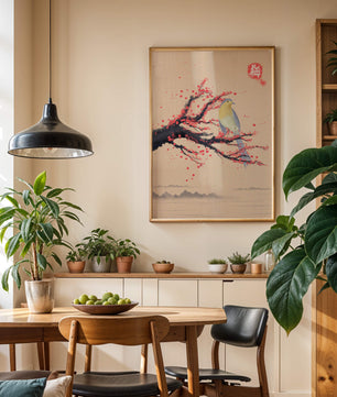 Oiseau serein sur une branche de cerisier dans le style artistique asiatique traditionnel