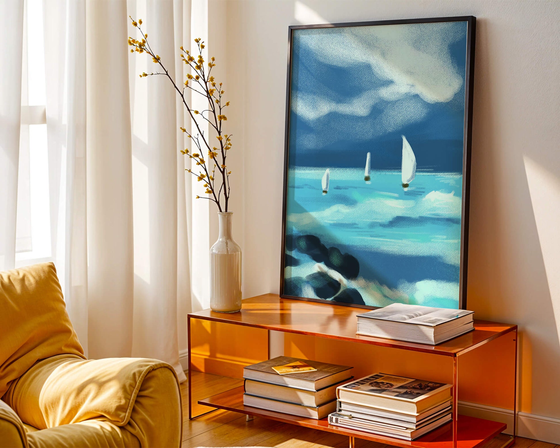Seascape with sailboats navigating blue waves under a dramatic sky