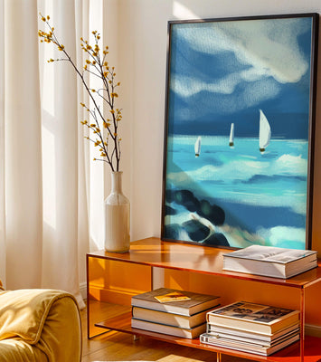 Seascape with sailboats navigating blue waves under a dramatic sky