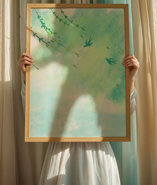 Serene Spring Scene with Birds and Leaves on a Light Blue Background