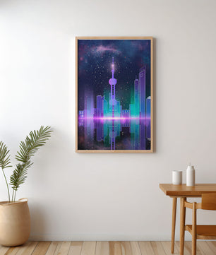 Futuristische Skyline mit leuchtenden Türmen unter sternenklarer Nacht