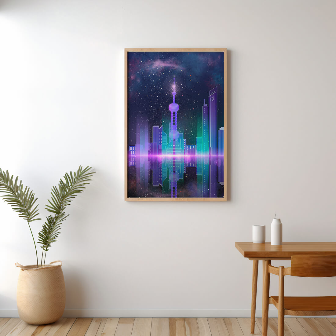 Futuristische Skyline mit leuchtenden Türmen unter sternenklarer Nacht