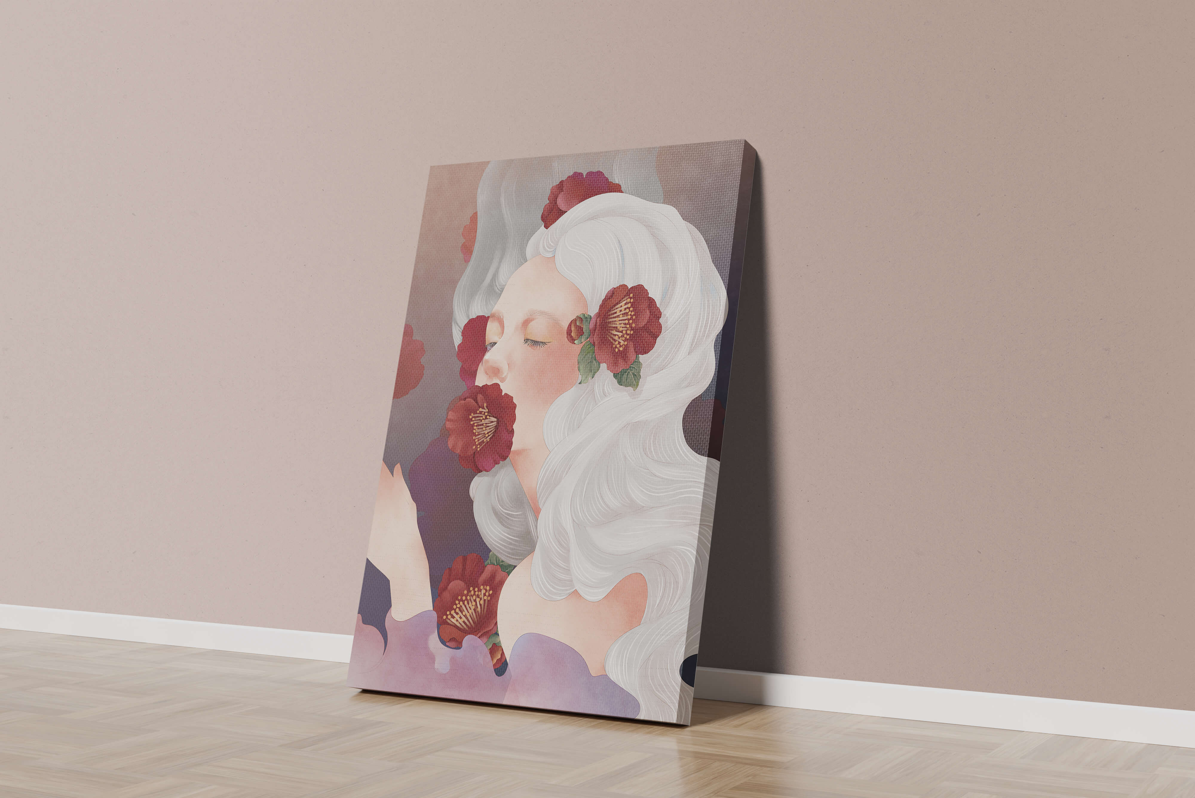 Dreamy Portrait of a Woman with White Hair and Red Flowers