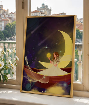 Enchanted night scene with a fairy on a crescent moon