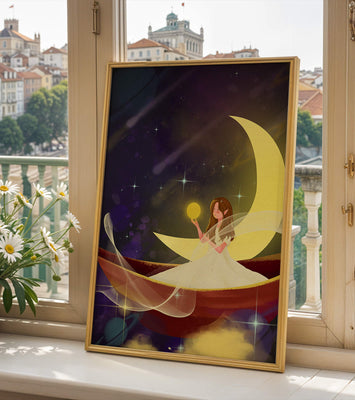 Enchanted night scene with a fairy on a crescent moon