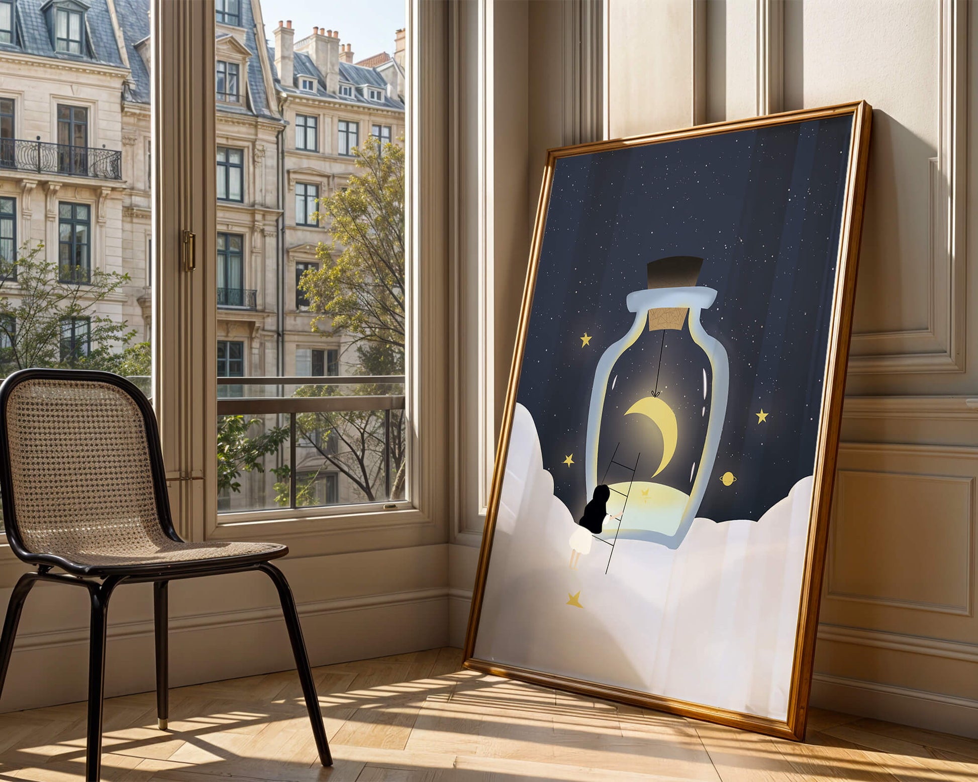 Fantasy Scene with Girl and Moon in a Bottle