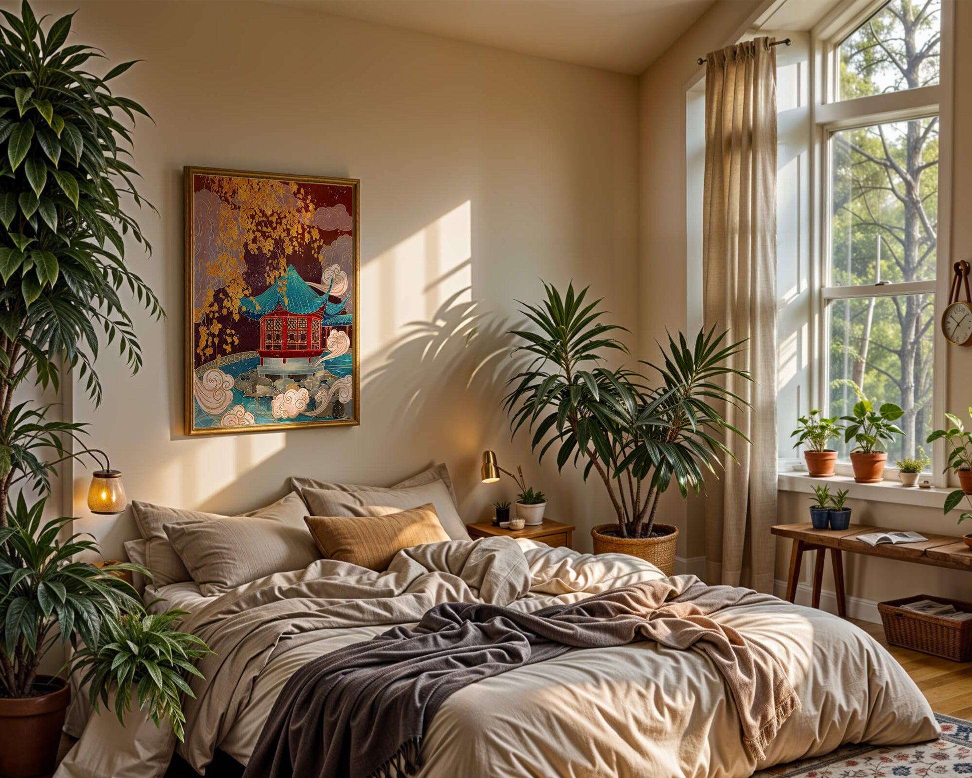 Pabellón chino tradicional con hojas doradas y nubes