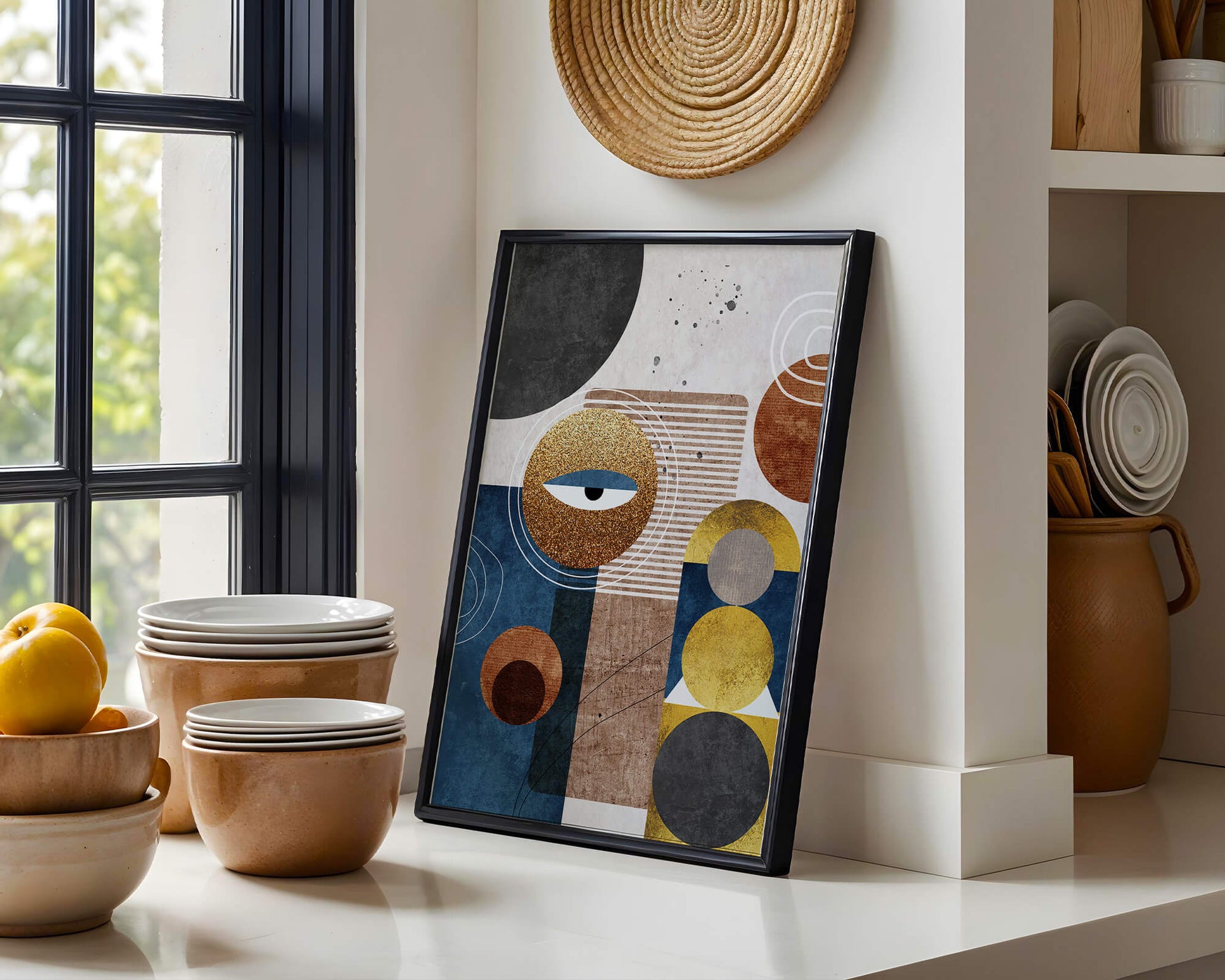 Abstract geometric artwork with gold and blue elements