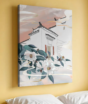 Escena arquitectónica serena con flores y cielo de atardecer