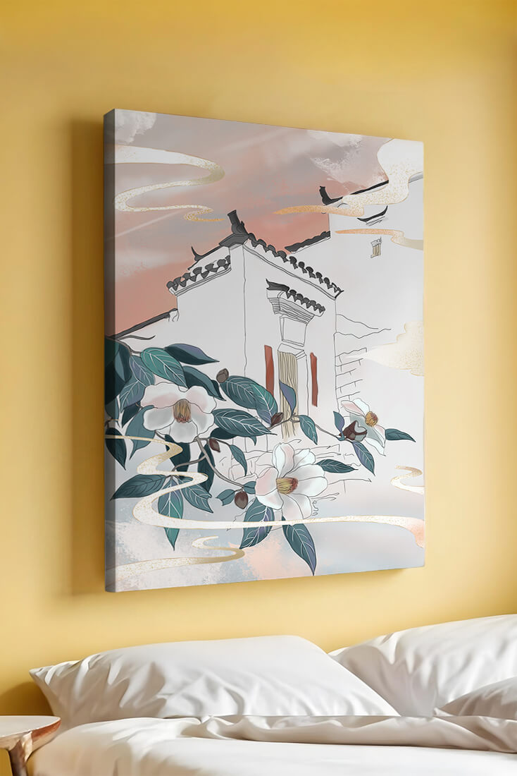 Escena arquitectónica serena con flores y cielo de atardecer