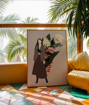 Elegant woman illustration with floral background in earthy tones