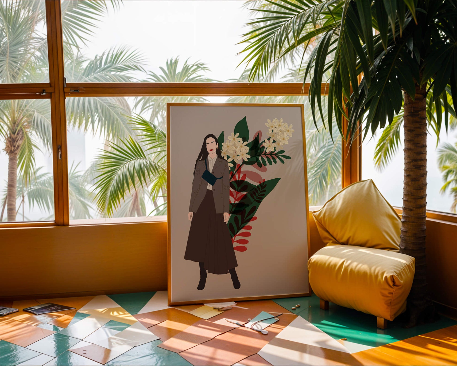 Elegant woman illustration with floral background in earthy tones