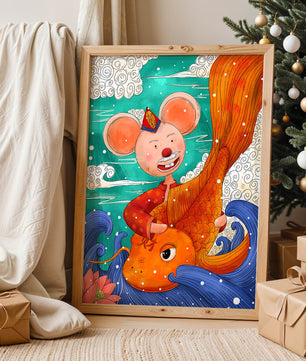 Whimsical illustration of a mouse riding a golden fish in a vibrant fantasy setting