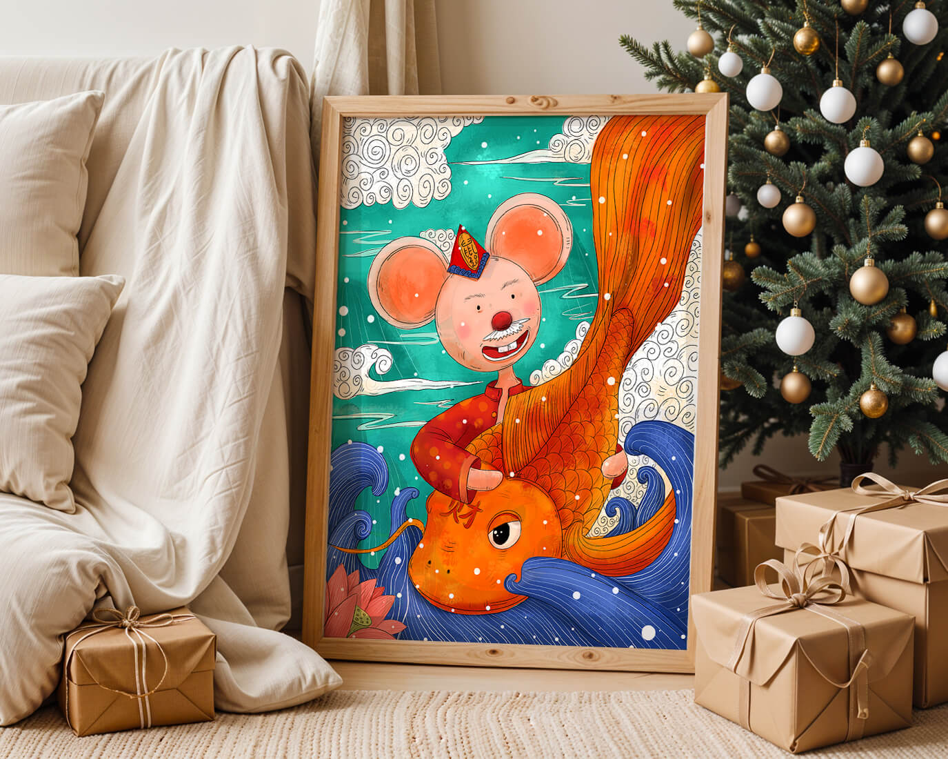 Whimsical illustration of a mouse riding a golden fish in a vibrant fantasy setting