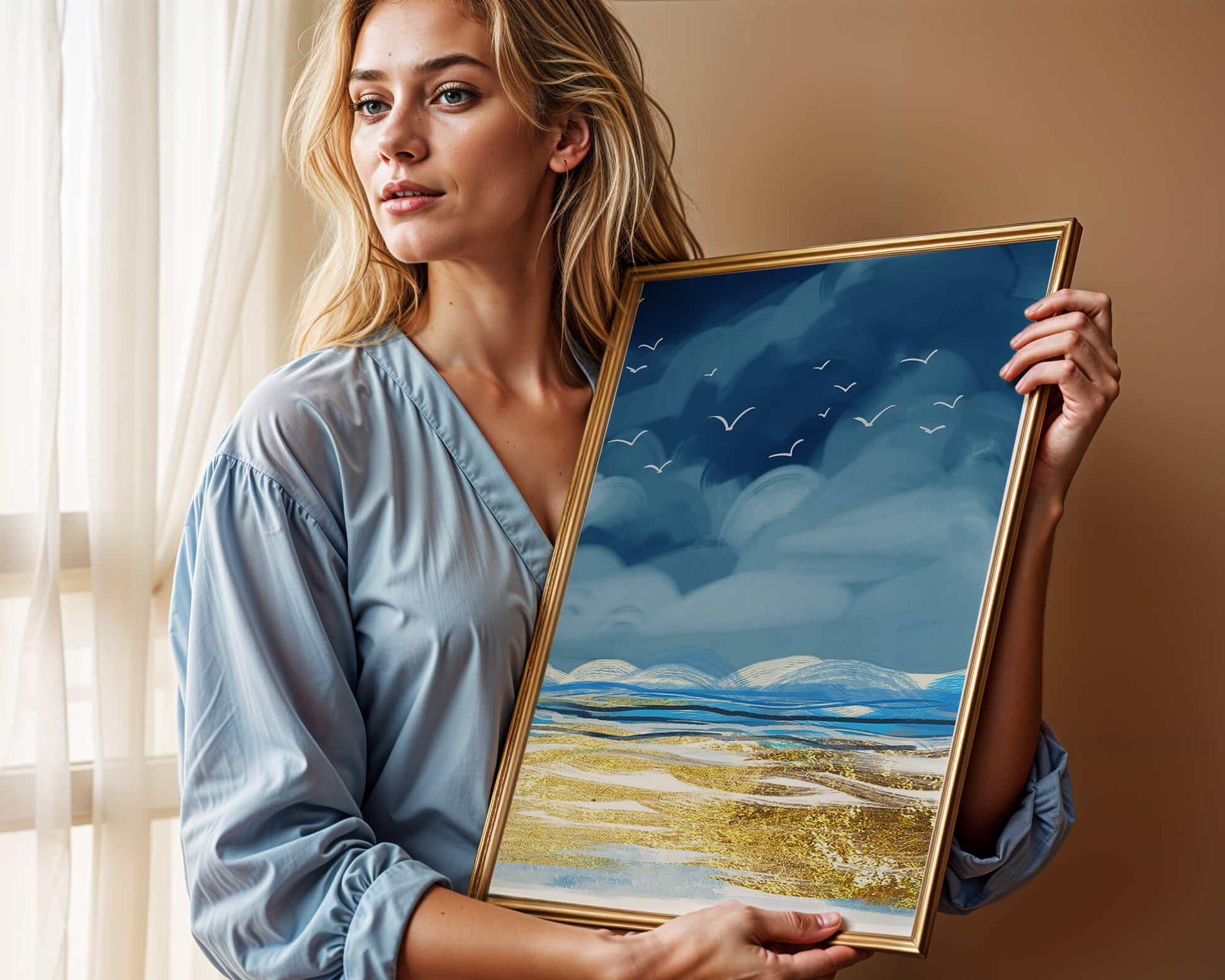 Seascape with Birds in a Vibrant Blue and Gold Palette