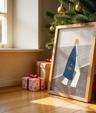 Fashionable Woman in Long Blue Coat Walking Along Corridor with Orange Handbag