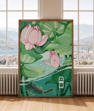 Illustration nature sereine avec fleurs de lotus et vie aquatique