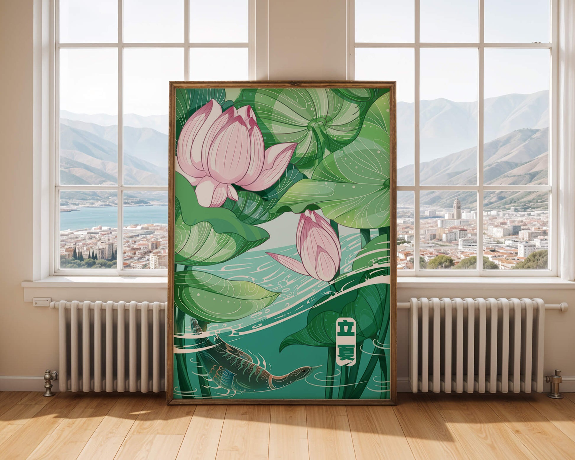 Ilustración de la naturaleza serena con flores de loto y vida acuática