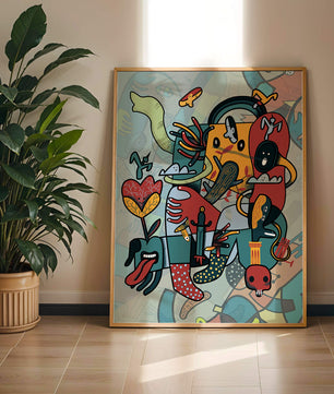 Colorful Abstract Surrealism Art with Intricate Details and Playful Characters