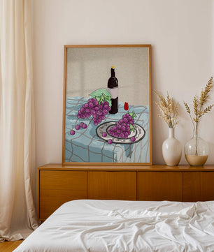 Still Life with Grapes and Wine Bottle on a Checkered Tablecloth - Mi tienda