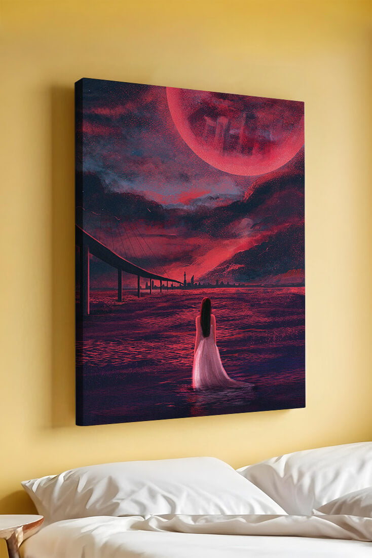 Dreamlike landscape with bridge and red night sky