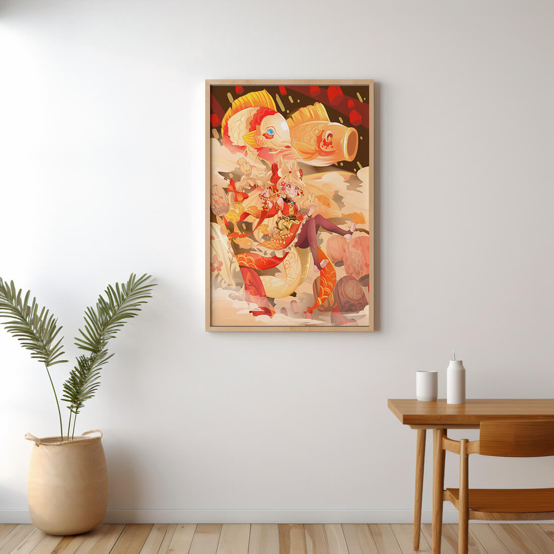 Vibrant anime character with mythical koi fishes and lanterns in dynamic scene