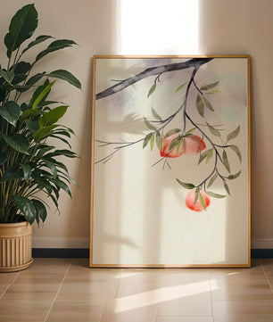 Peaceful Botanical Illustration of Branches with Leaves and Peaches - Mi tienda