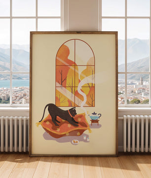 Black Cat Relaxing on Cozy Pillow with Scenic Window View