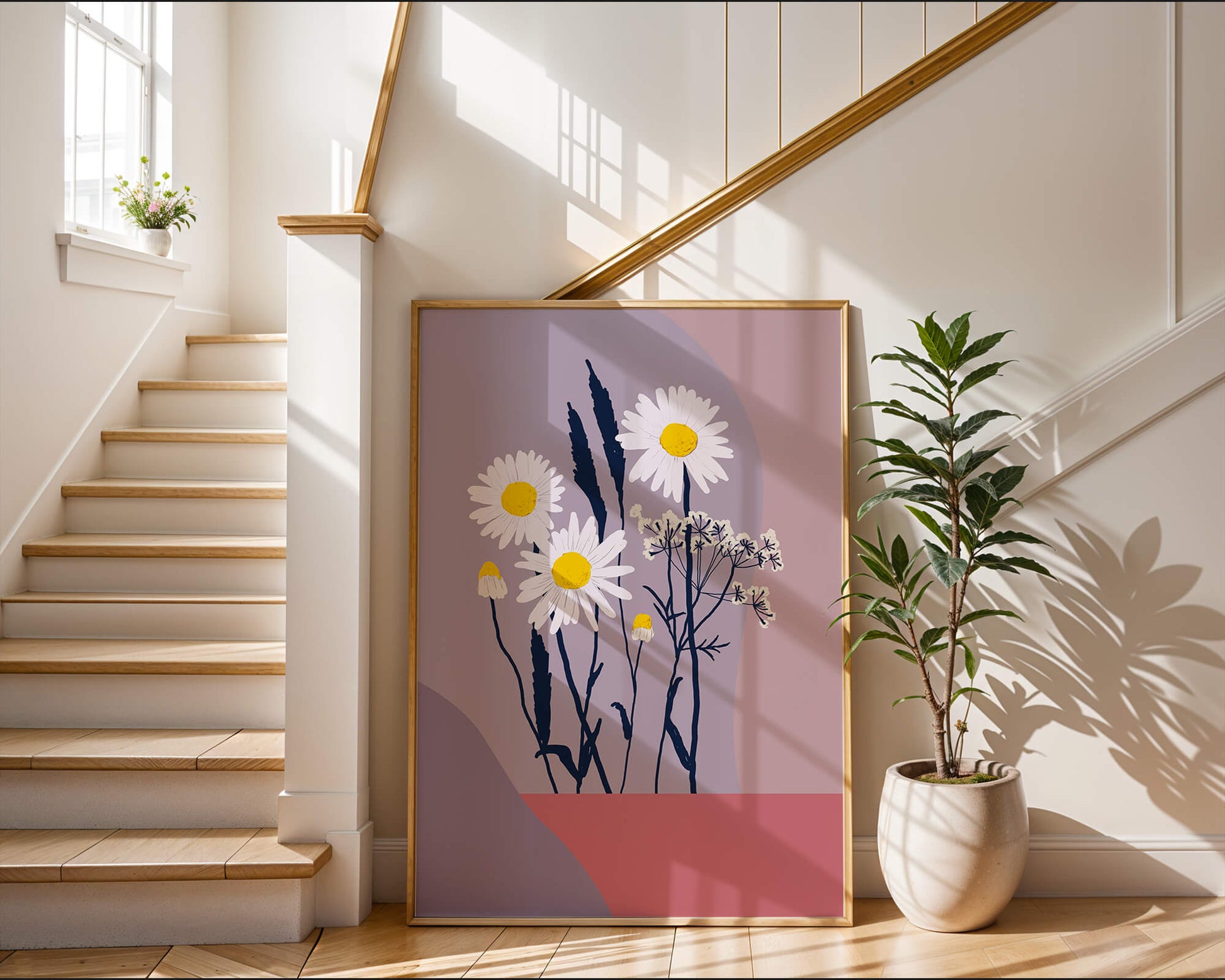 Zarte weiße Gänseblümchen mit gelben Zentren auf modernem Pastell-Hintergrund