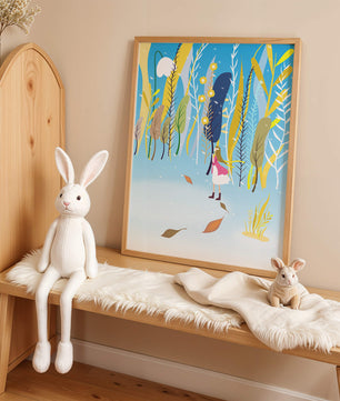 Ilustración caprichosa de una niña en un bosque abstracto vibrante