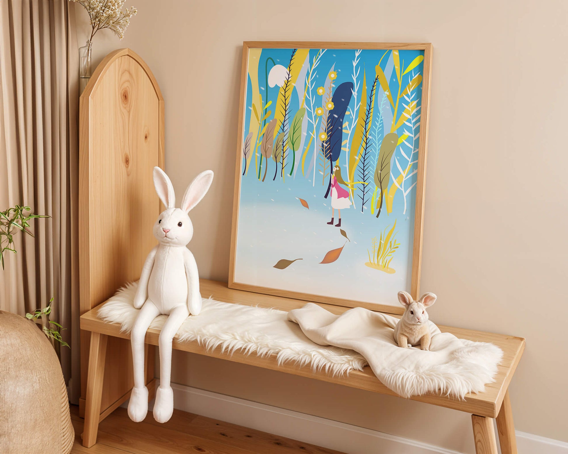 Ilustración caprichosa de una niña en un bosque abstracto vibrante