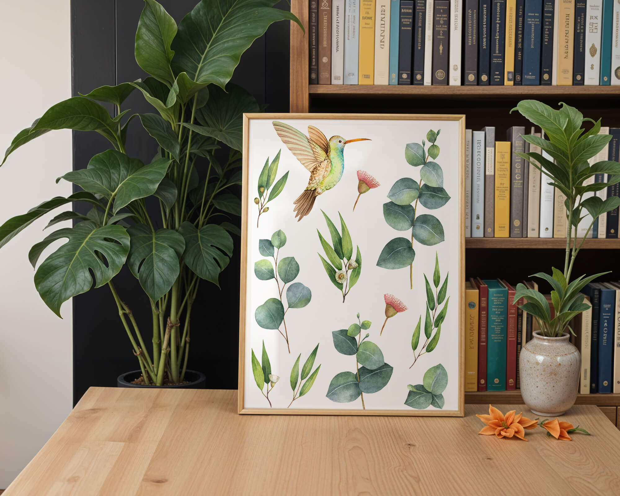 Watercolor hummingbird and eucalyptus leaves illustration