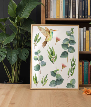 Illustration d'un colibri à l'aquarelle et de feuilles d'eucalyptus