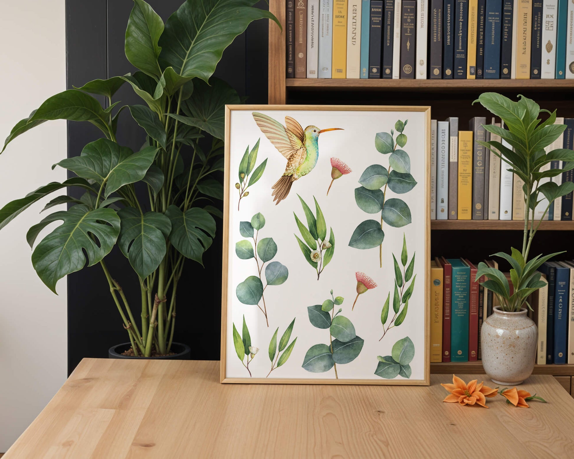 Watercolor hummingbird and eucalyptus leaves illustration