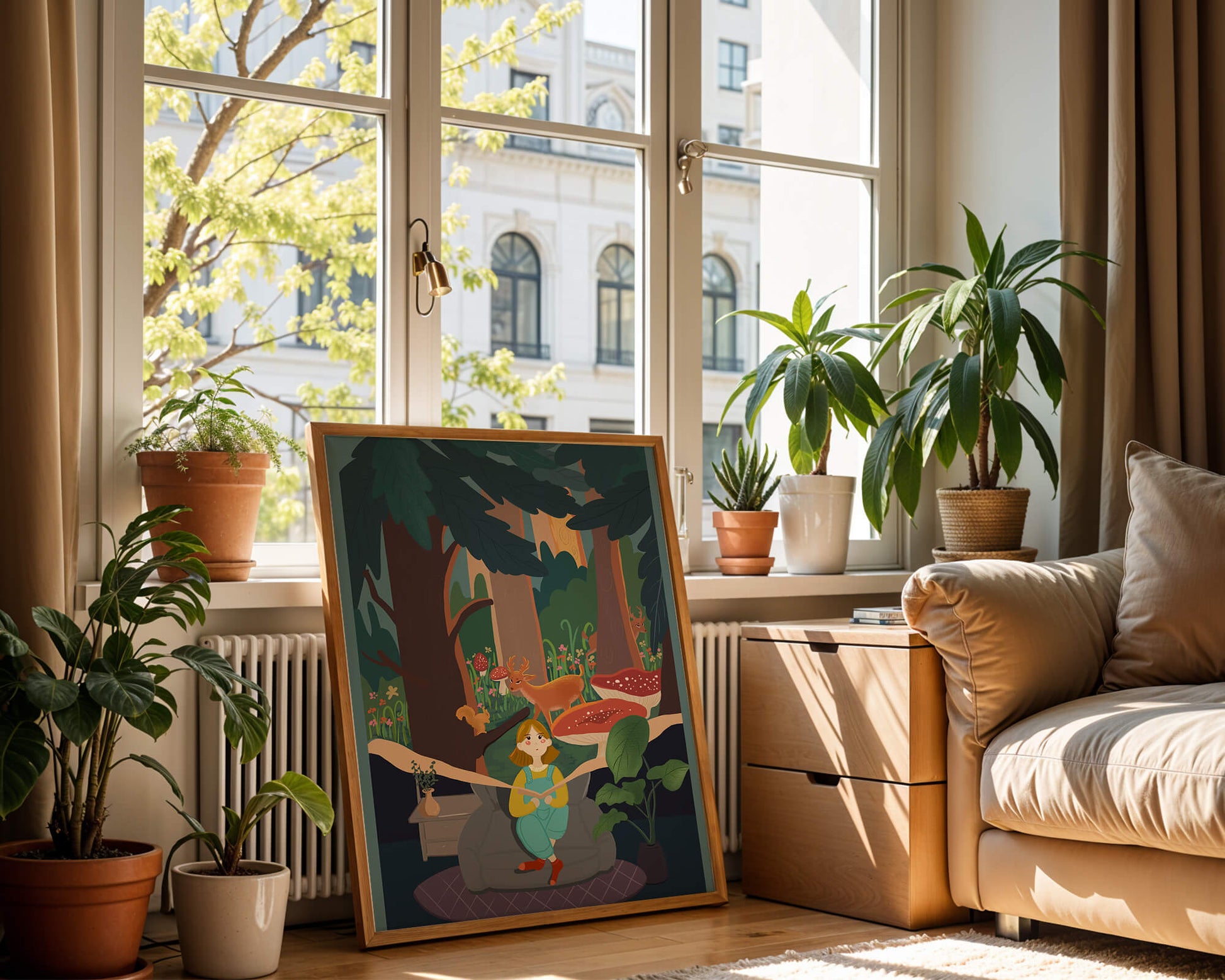 Figura femenina pacífica con criaturas del bosque y vegetación verde exuberante