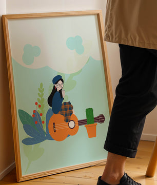 Illustration of a woman with coffee sitting on a guitar surrounded by foliage