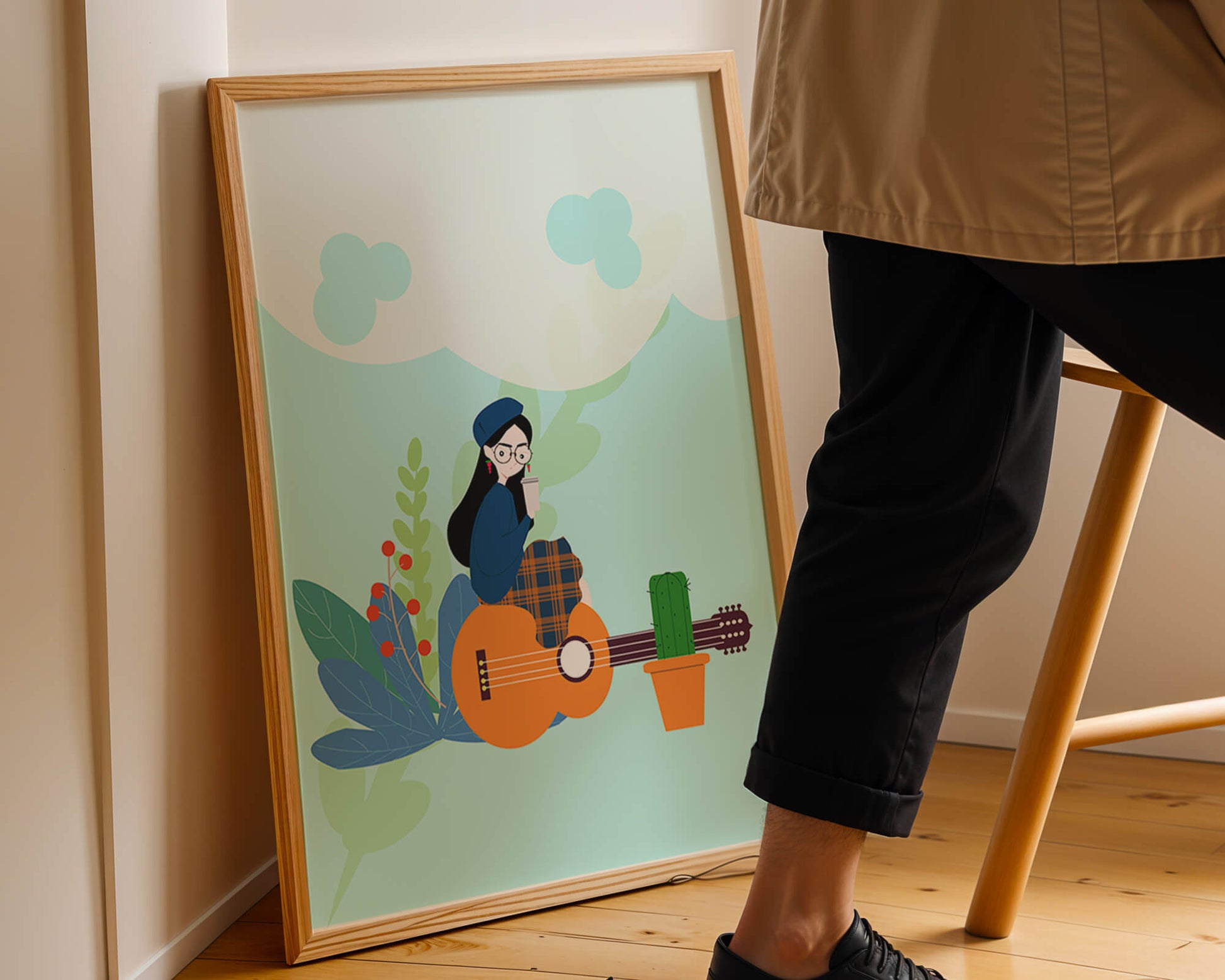 Illustration of a woman with coffee sitting on a guitar surrounded by foliage