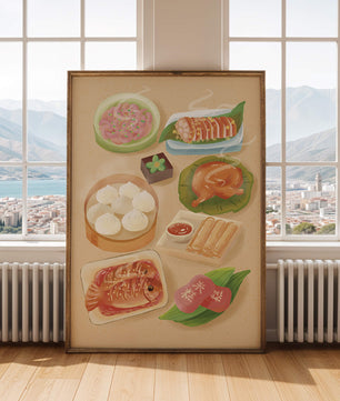 Colorful Representation of Asian Cuisine with Various Dishes