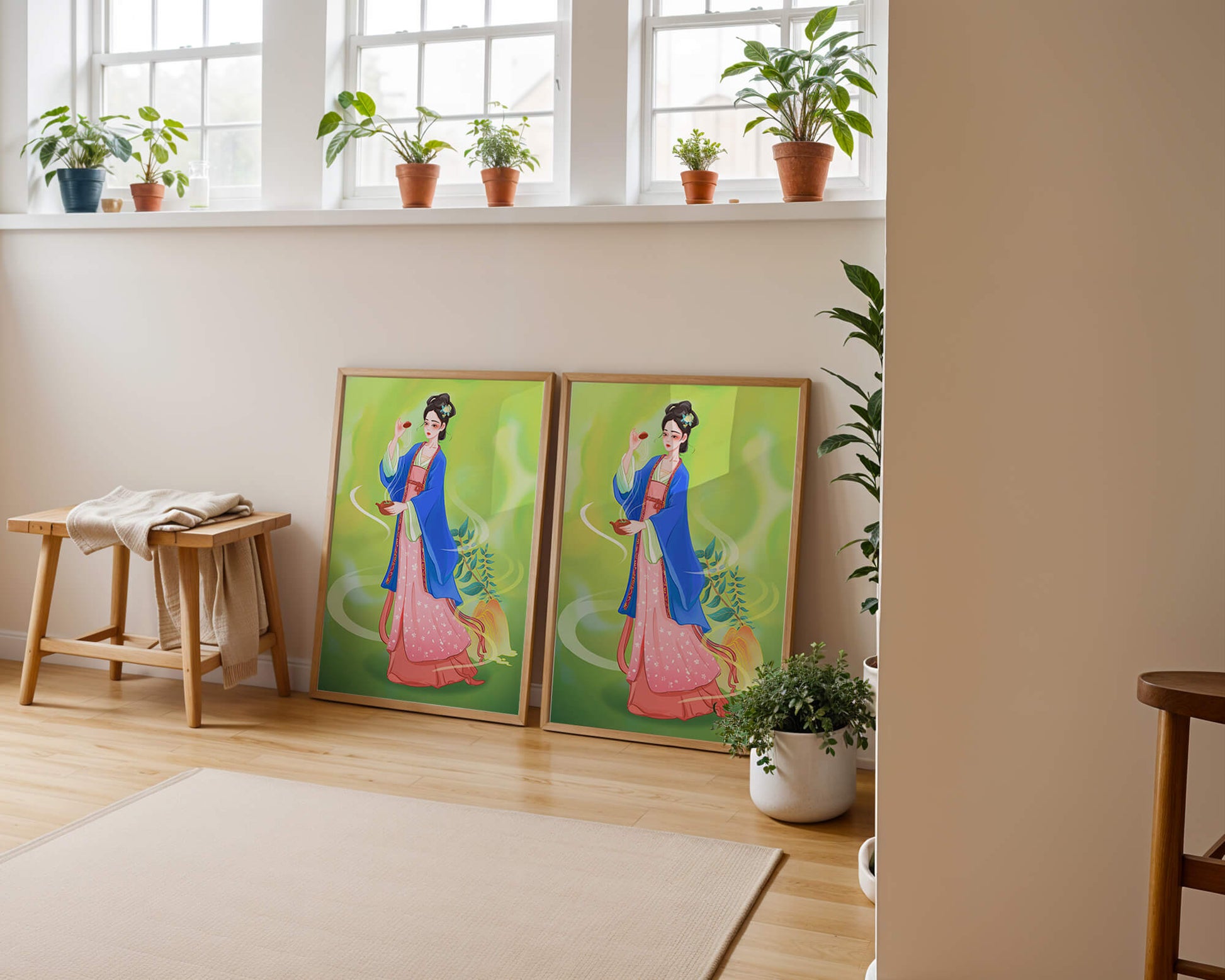 Diseño elegante de mujer en vestimenta tradicional del Este Asiático