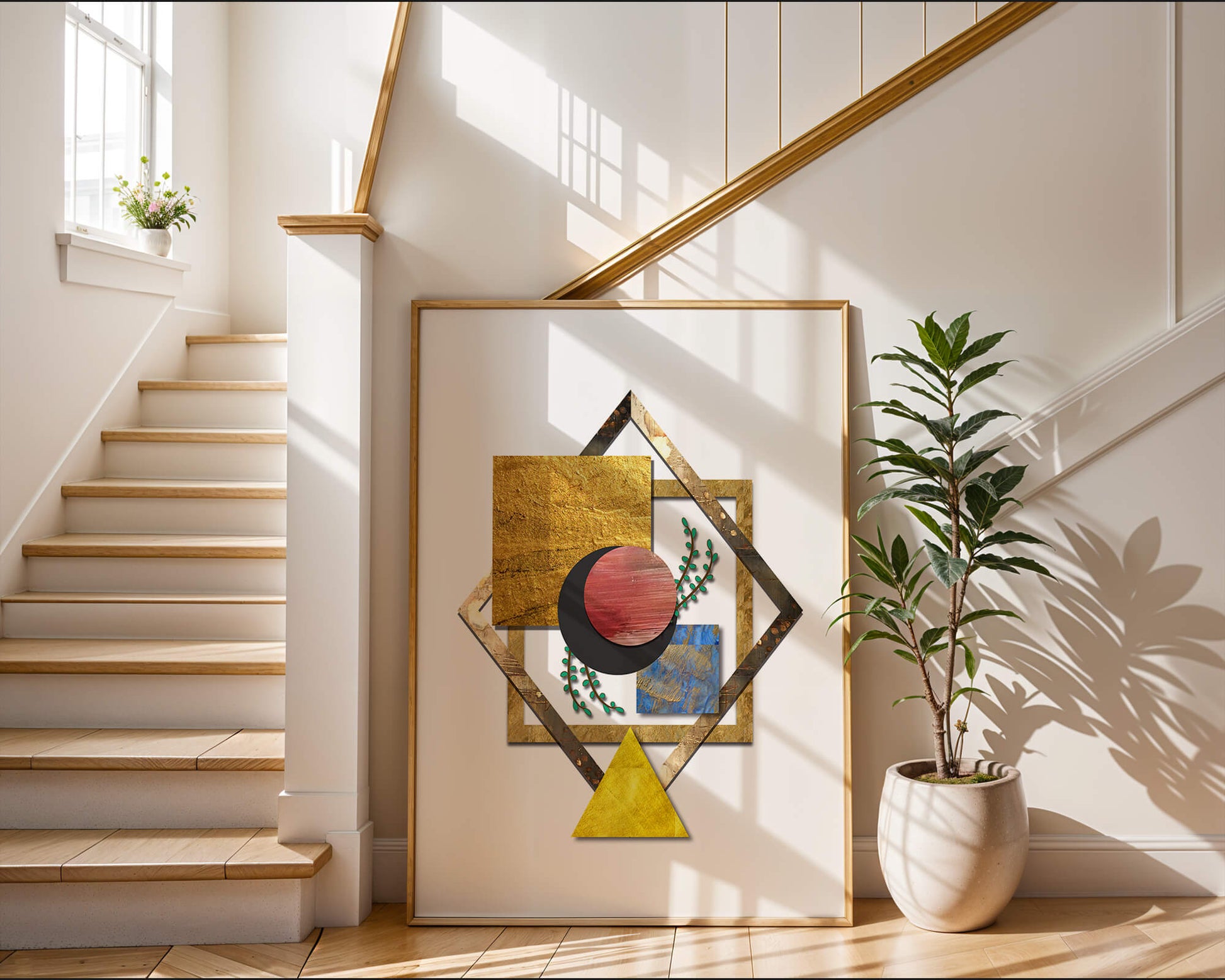 Modern geometric abstract art with vibrant colors and gold accents