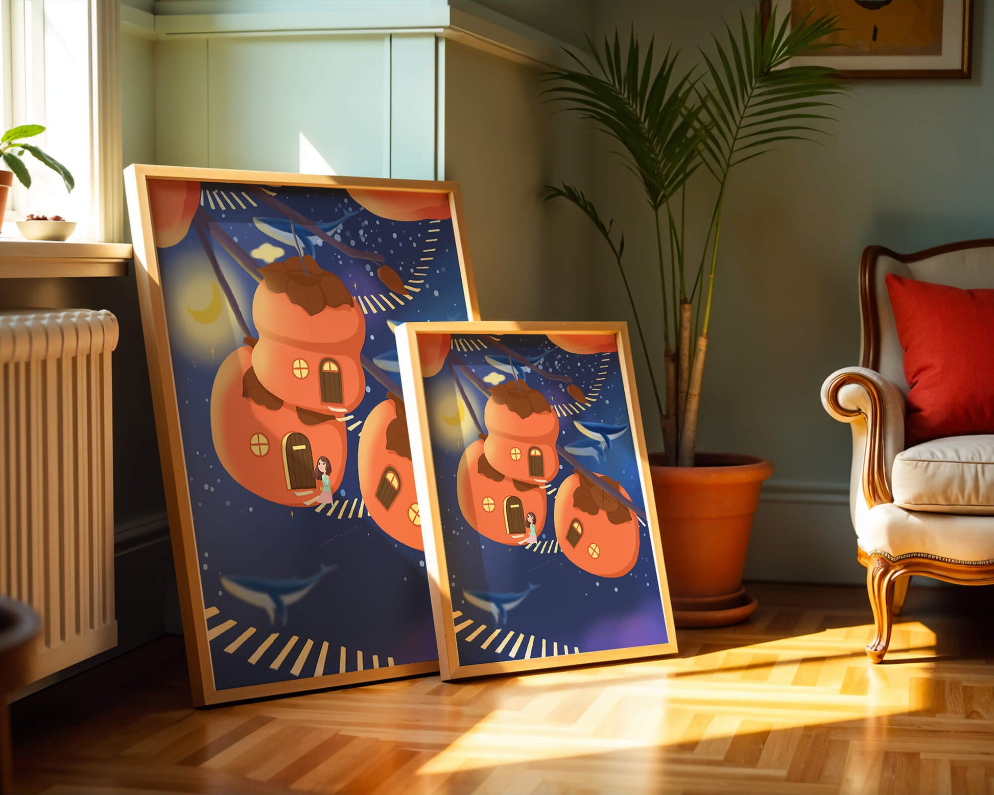 Whimsical night scene with floating persimmon houses and swimming whales