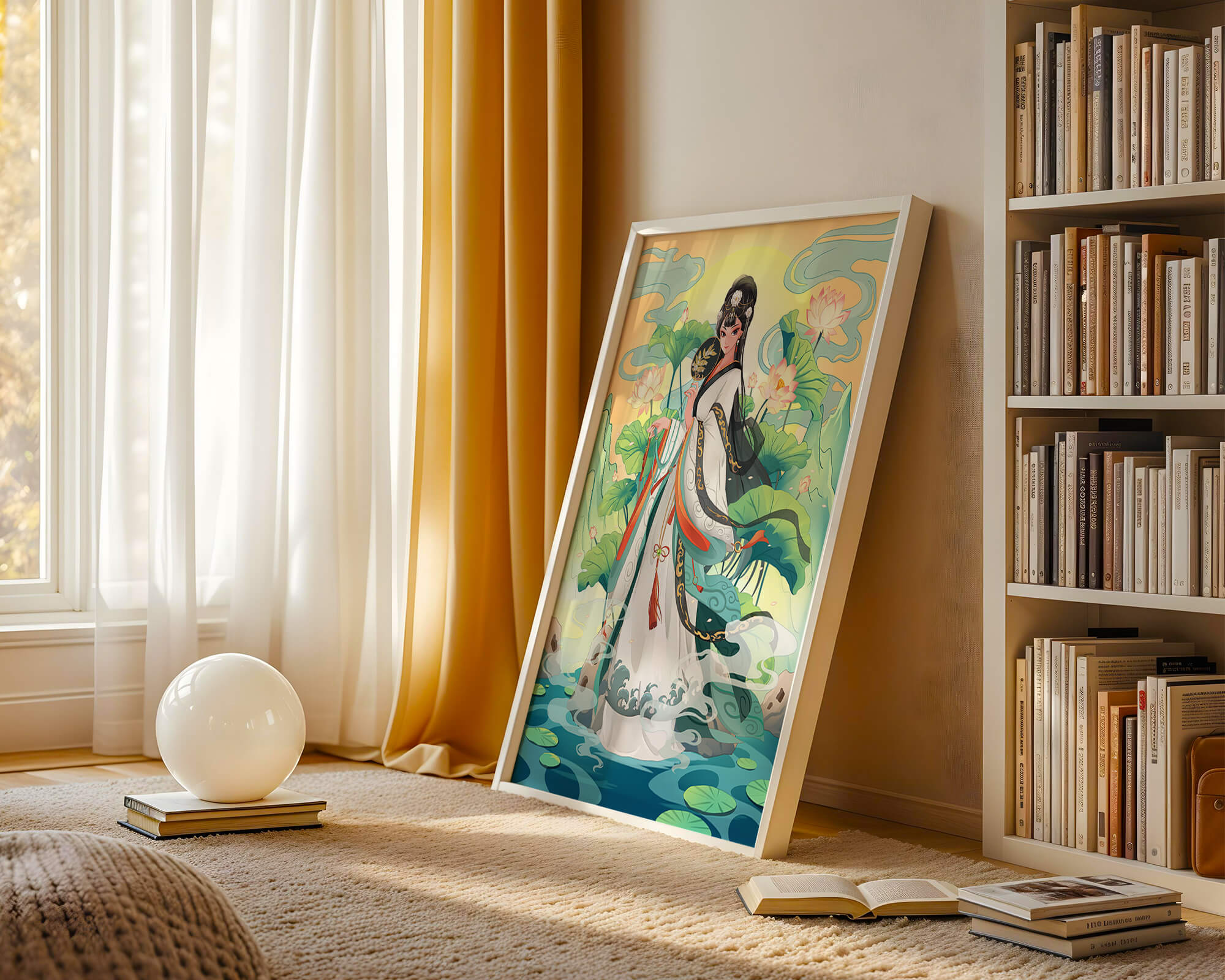 Elegant woman in traditional attire with lotus flowers and serene backdrop