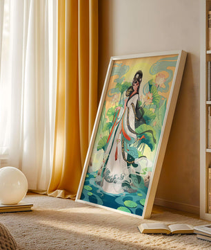Femme élégante en tenue traditionnelle avec des fleurs de lotus et un décor serein
