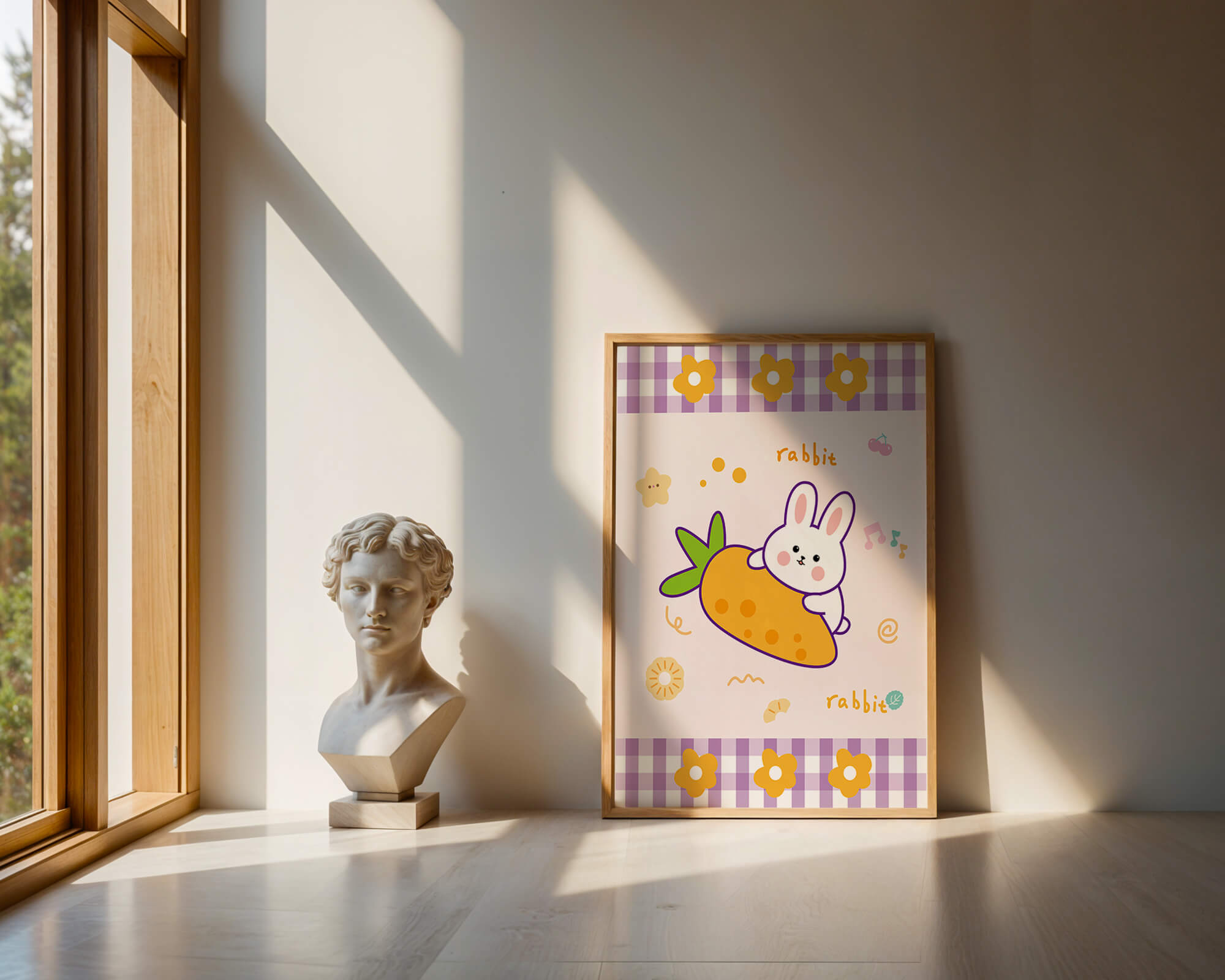 Illustrated cute rabbit with carrot on a colorful background