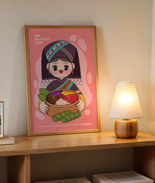 Personnage de dessin animé charmant en tenue traditionnelle tenant un panier de nourriture coloré