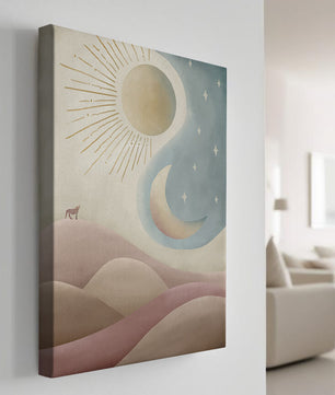 Minimalist landscape with sun, moon, and wolf in pastel hues