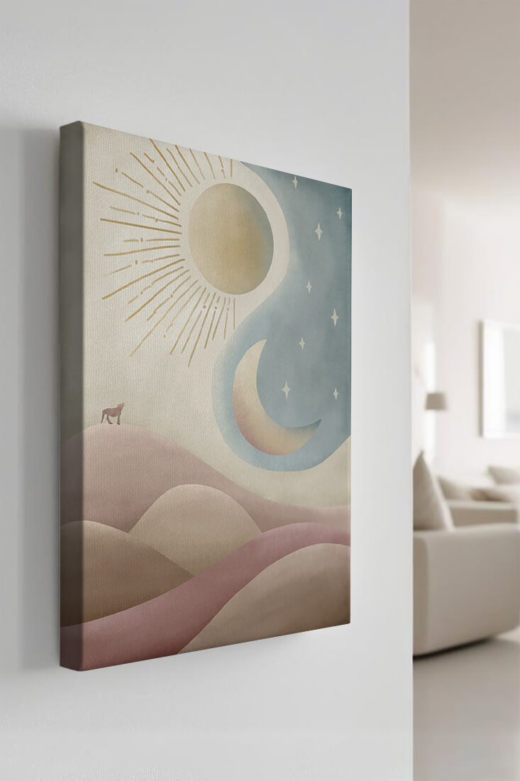Minimalist landscape with sun, moon, and wolf in pastel hues